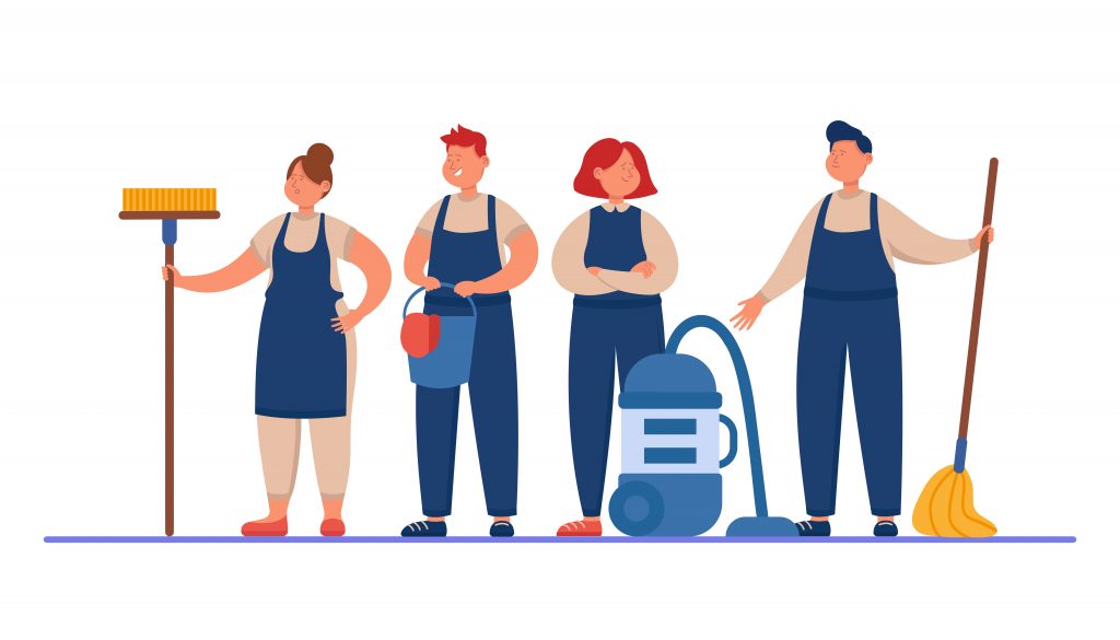 Male and female cleaning staff with mops and vacuum cleaner scaled