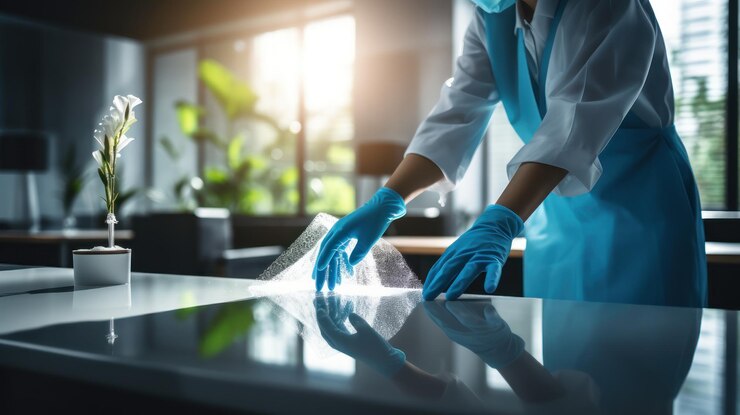 sanitizacao de uma mesa de escritorio por pessoal de limpeza profissional usando sprays e lencos umedecidos 157027 2971